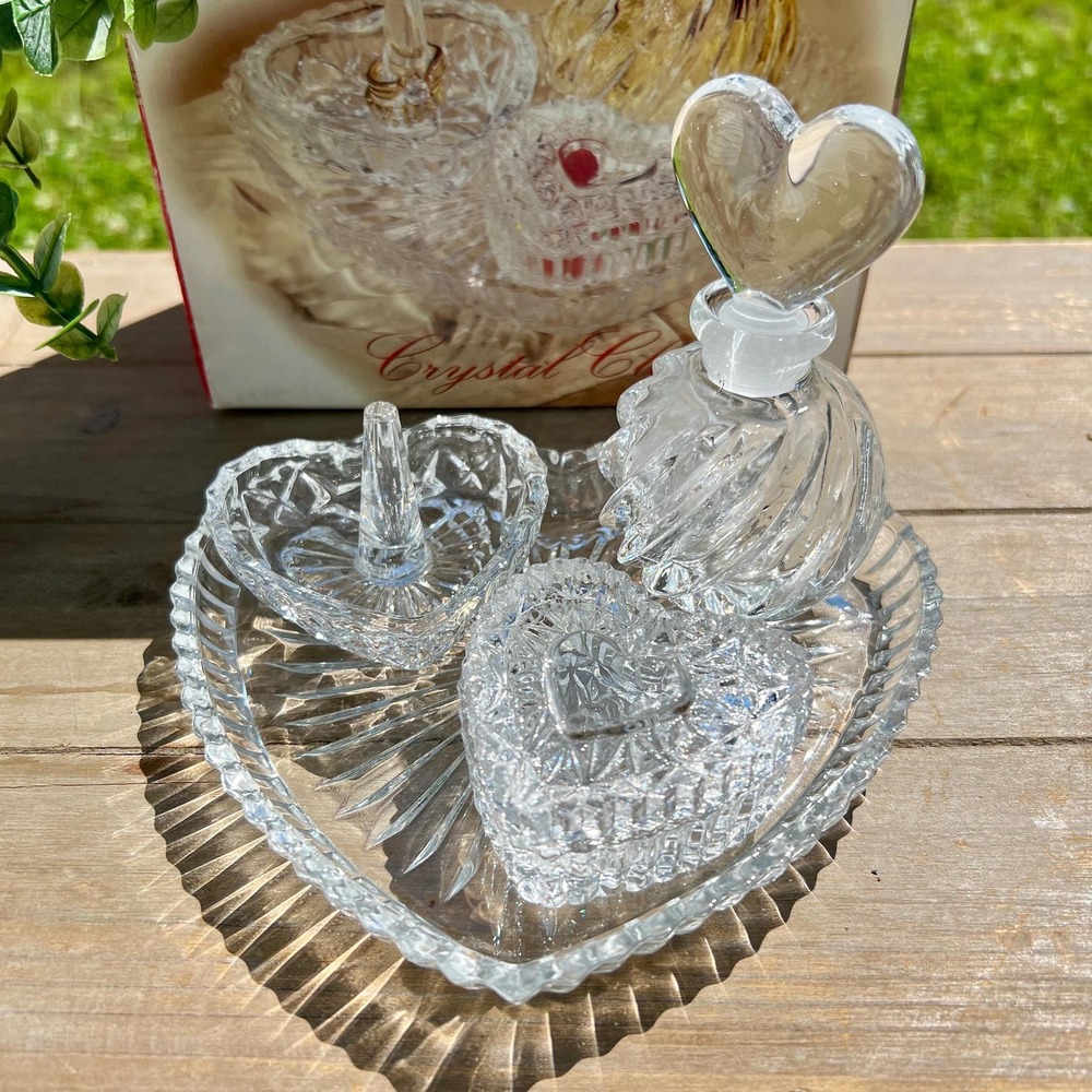 Vintage Crystal Heart-Shaped Vanity Beauty Jewelry Set |  Set of 4